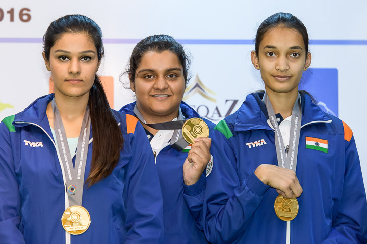 Gold Medallist Team of India pose with their medals after Junior Women's 25m Pistol event at ISSF Junior World Cup