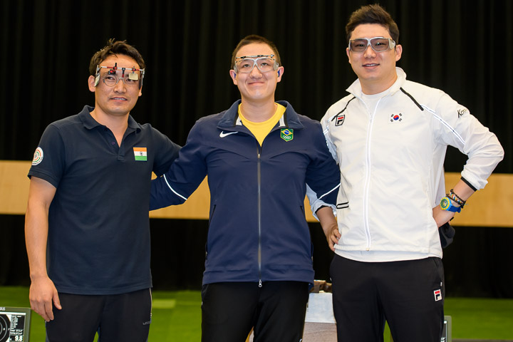 Jitu Rai, Felipe Almeida Wu and Jongoh Jin after the finals of Men's 10m Air Pistol