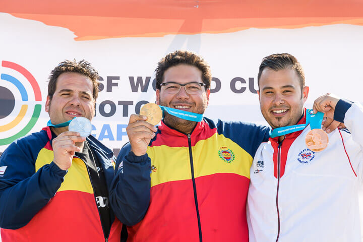 From left: Antonio Bailon, Alberto Fernandez and Aaron Heading pose with their medals after the Men's Trap final. Photo - ISSF