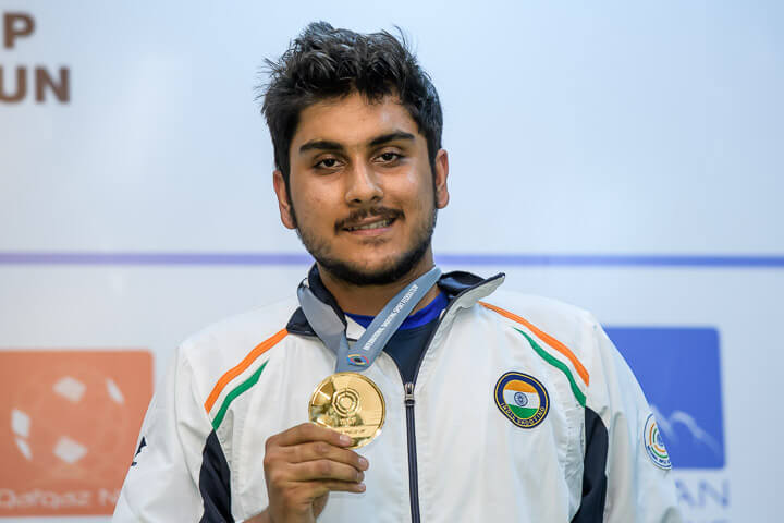 Rushiraj Barot displays his Gold medal in the 25m Rapid Fire Pistol at ISSF Junior World Cup in Gabala.