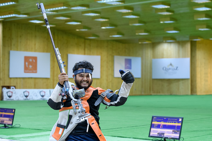Subhankar Pramanik reacts after winning Gold in Junior Men's 50m Rifle Prone at ISSF Junior World Cup